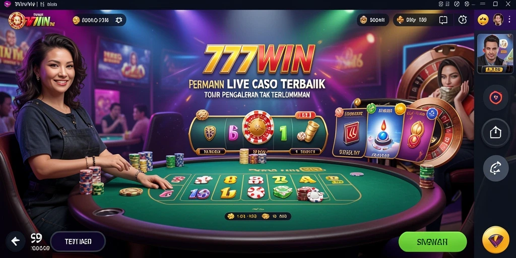 Screenshot gameplay 777WIN menunjukkan dealer langsung dan tabel permainan yang menarik.