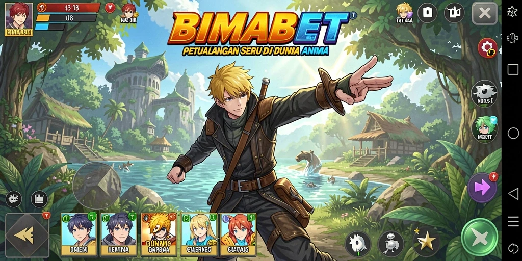 Tampilan gameplay utama BIMABET dengan karakter anime yang menarik.