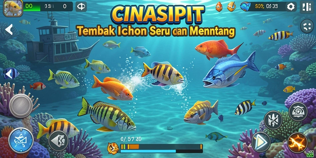 Screenshot gameplay CINASIPIT menampilkan aksi seru dalam menembak ikan.
