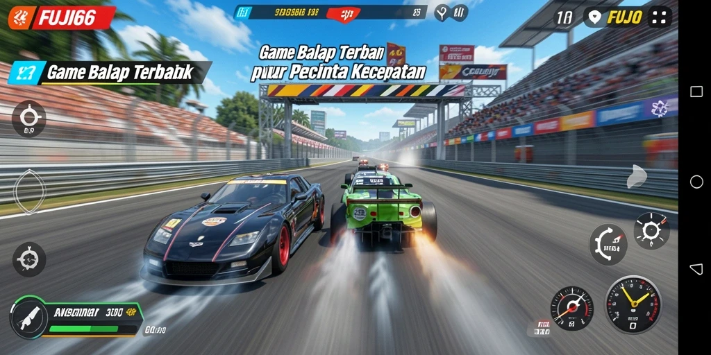 Screenshot gameplay FUJI66 menunjukkan aksi balapan yang memukau dan penuh adrenalin.