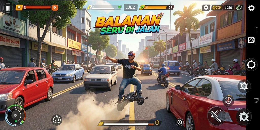Screenshot utama JJ62 menampilkan aksi balapan yang mendebarkan.