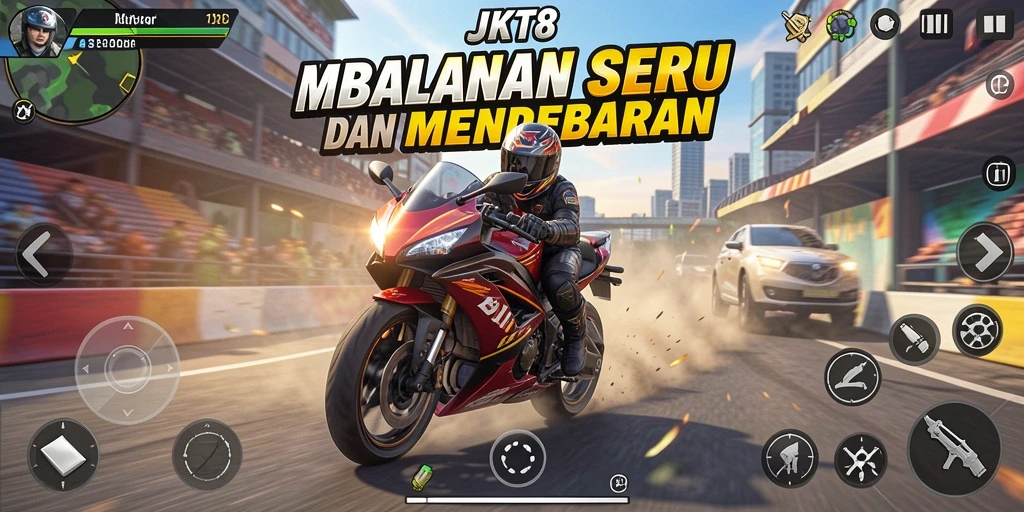 Tampilan gameplay seru balapan motor JKT8.