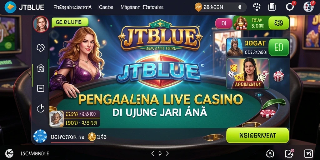Screenshot JTBLUE menunjukkan dealer langsung dan suasana permainan yang mendebarkan.