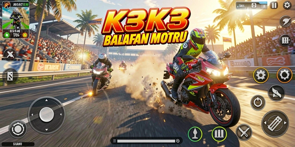 Screenshot utama K3K3 menampilkan aksi balapan motor yang mendebarkan.