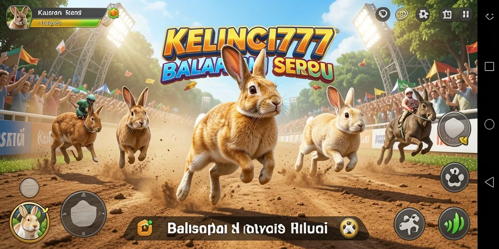 Screenshot utama gameplay KELINCI777 dengan kelinci balap di trek.
