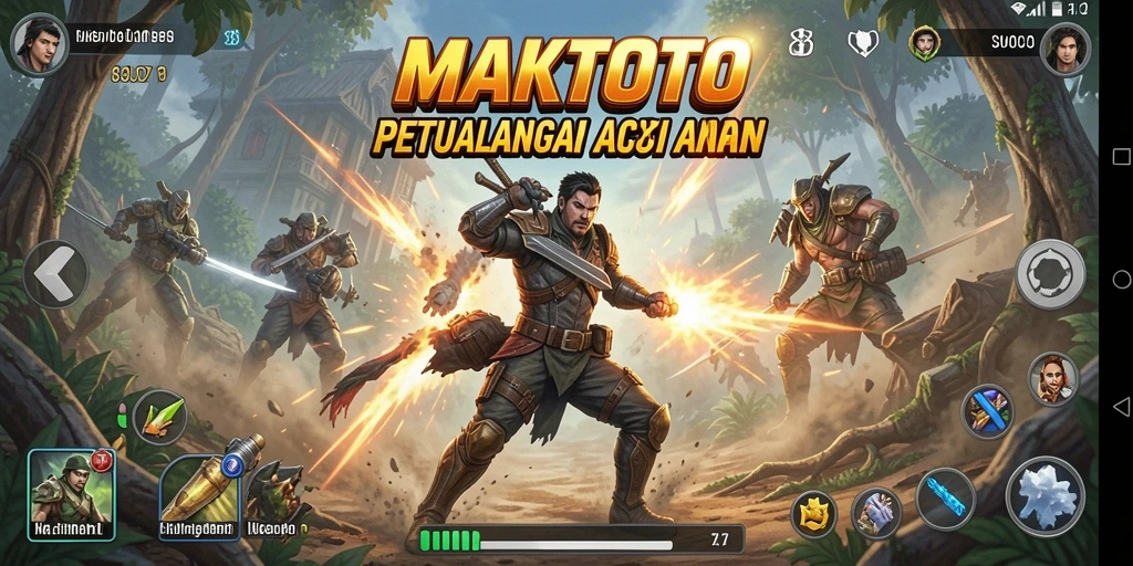 Screenshot utama MAKTOTO menampilkan aksi heroik dalam pertempuran.