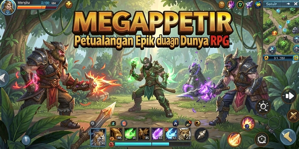 Screenshot gameplay MEGAPETIR menunjukkan pertarungan epik dalam dunia fantasi.