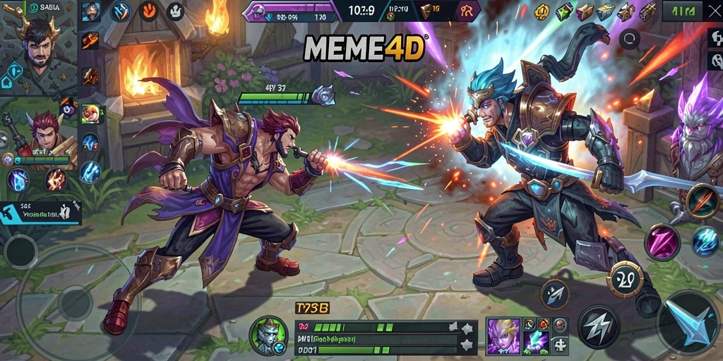Screenshot dari gameplay intens di MEME4D menghadirkan aksi seru MOBA.
