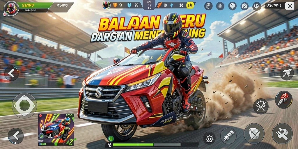Tangkapan layar gameplay SVIP9 dengan aksi balapan mendebarkan.